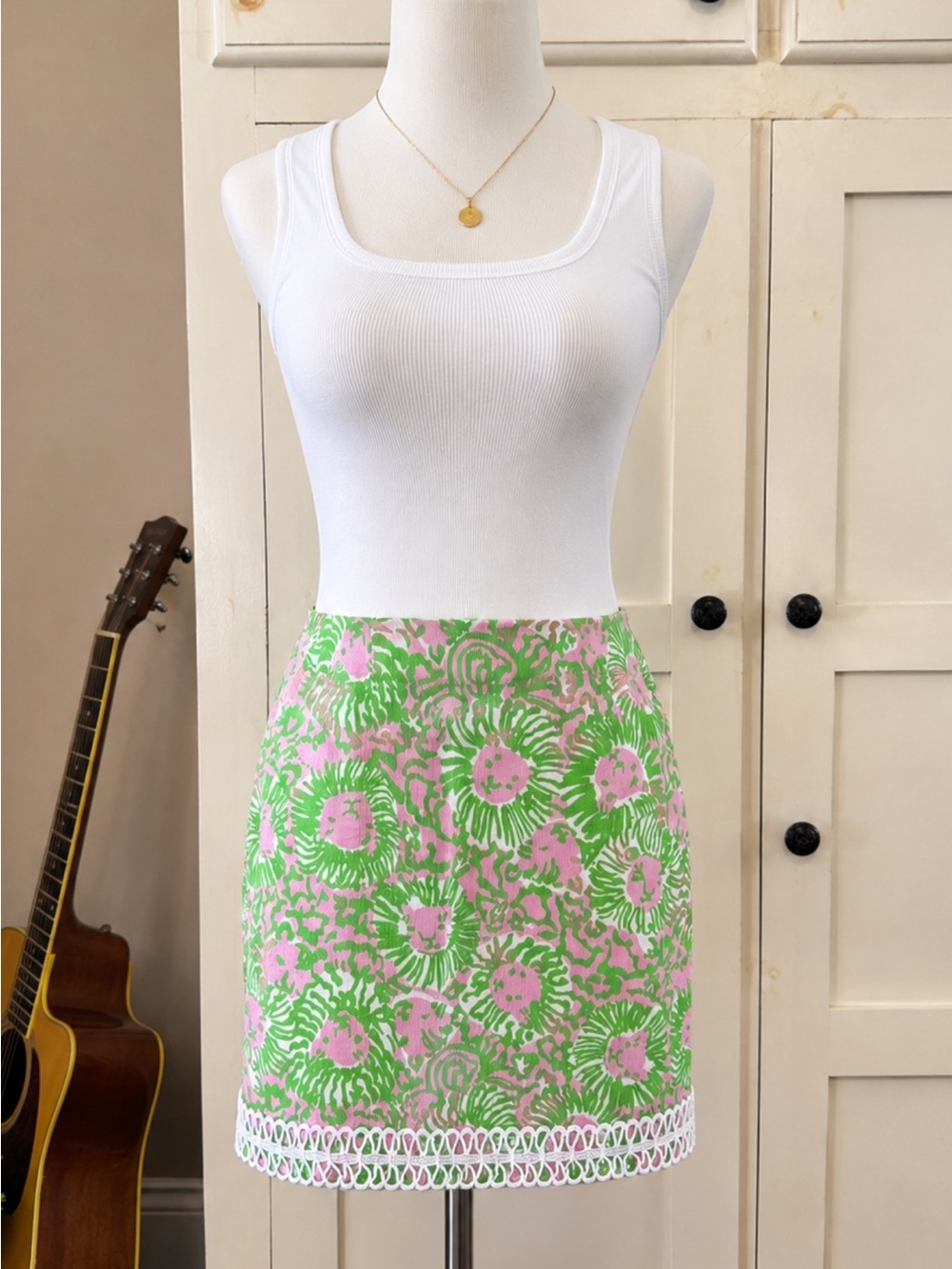 Lilly Pulitzer Pink & Green Floral Lace-Trim Mini Skirt
